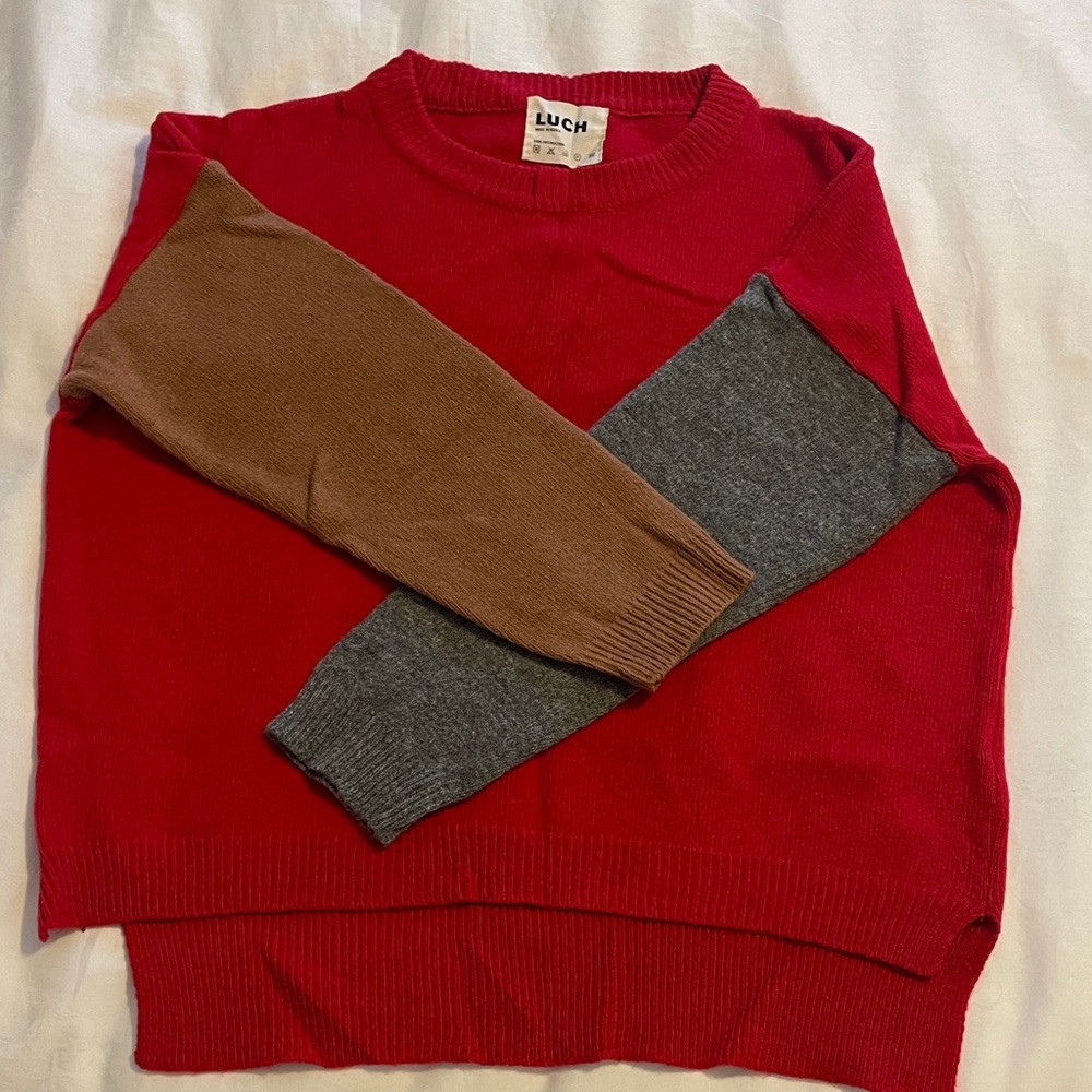 Red Sweater with Color Block Sleeves